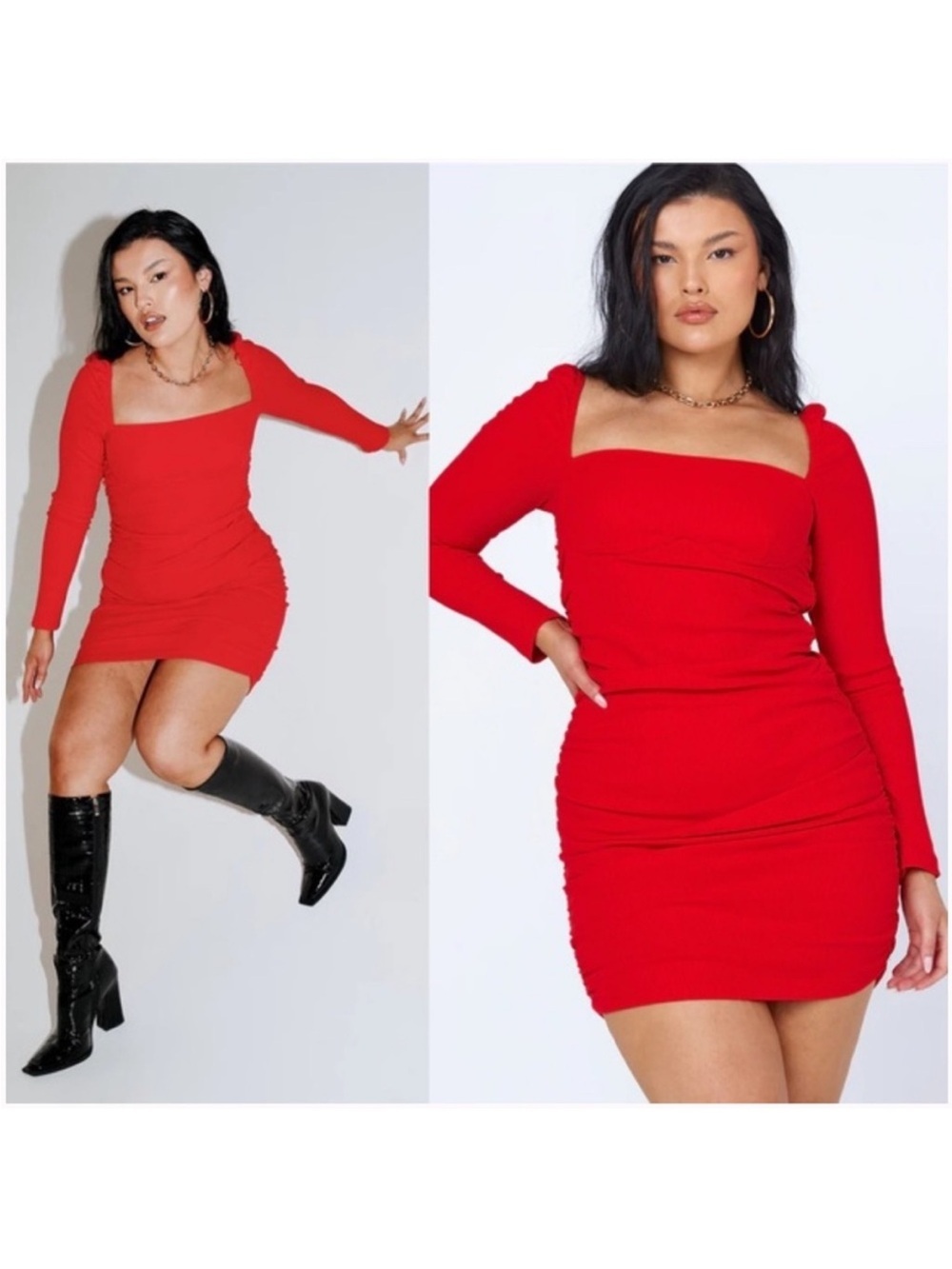 Princess Polly Portia Red Ruched Square Neck Long Sleeve Mini Dress Womens Sz 10